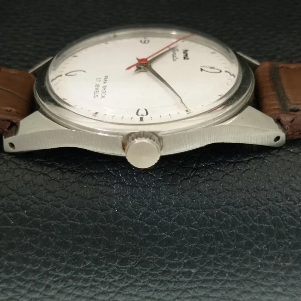 Vintage 1986 HMT Manual Wound Mens Silver Watch & White accents